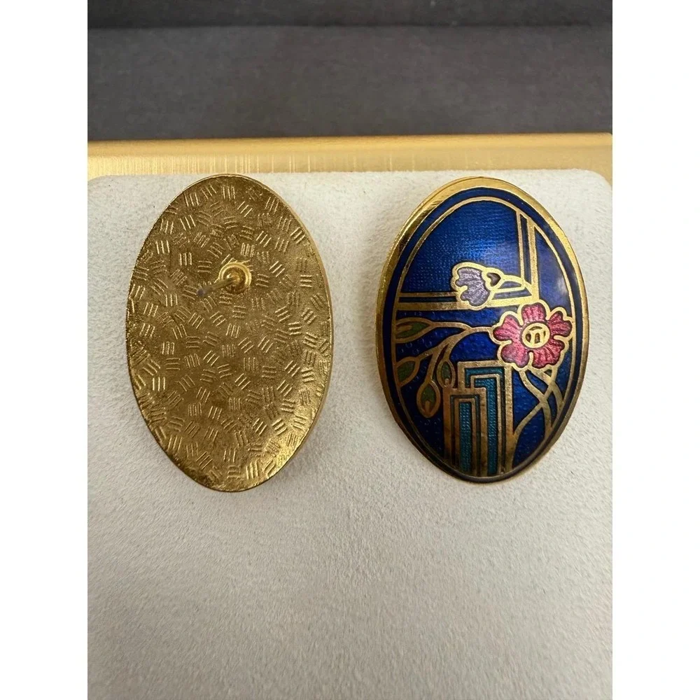Cloisonne Floral Enamel Earrings Gold Tone Oval Art Nouveau Studs